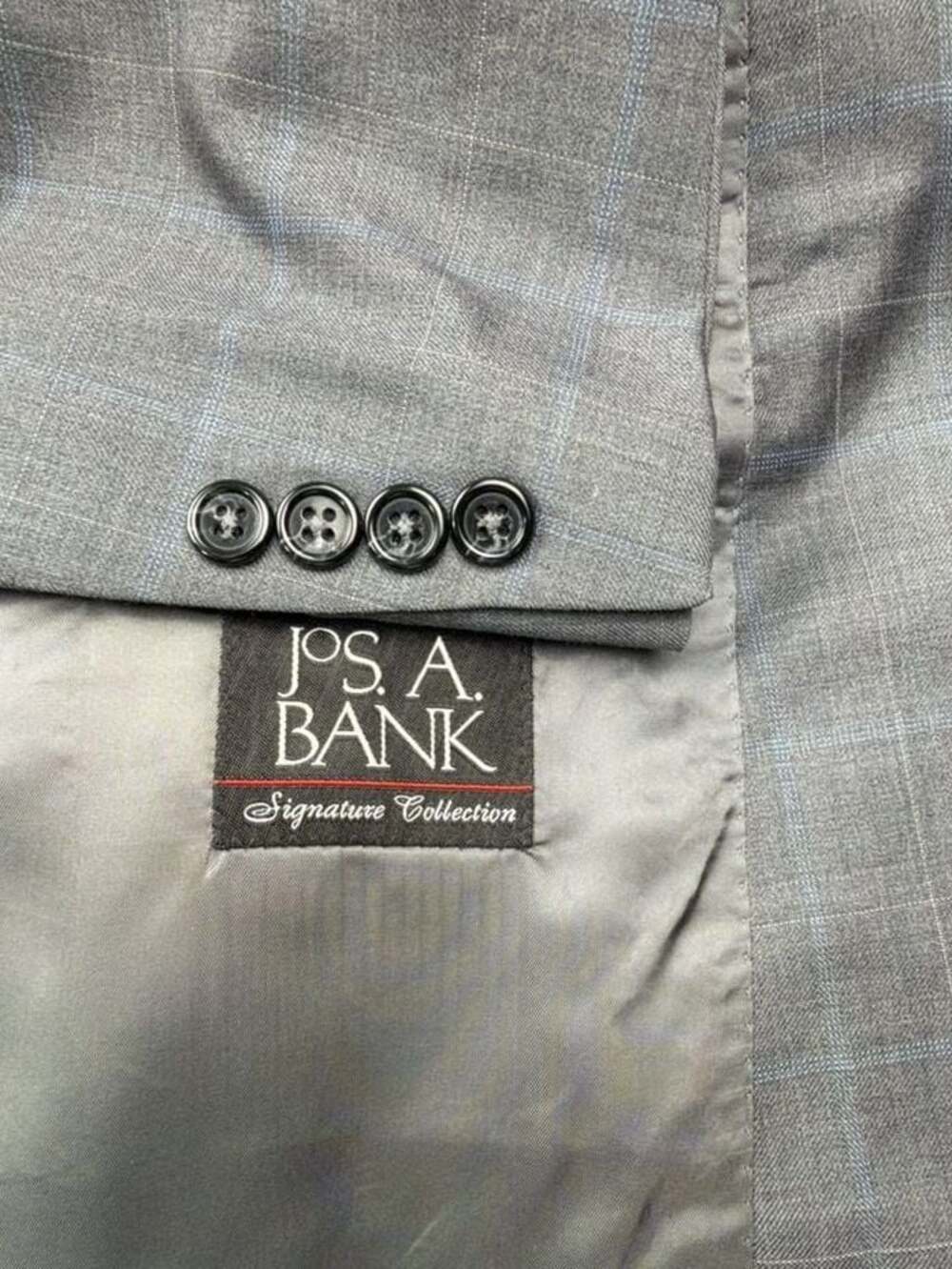 44L Mens Jos. A. Bank 2 piece Wool Suit Gray Windowpane Plaid 38x30 Pleated